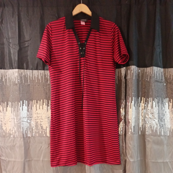 Vintage 90's Adrian Karen Striped Red & Black Pullover Collared Dress 1X - Picture 1 of 5